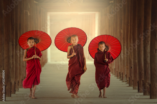 Burmaese Three novice monks walking photo