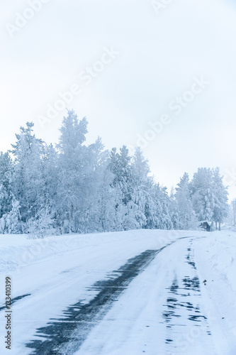 Winter slippery road after snow blizard among frozen trees. 