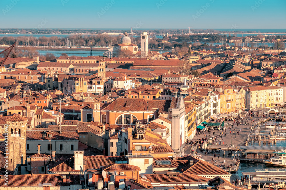 Aerial view in winter from the San Marco Square, Venice, Veneto, Italy. Panoramic view at blue hour.