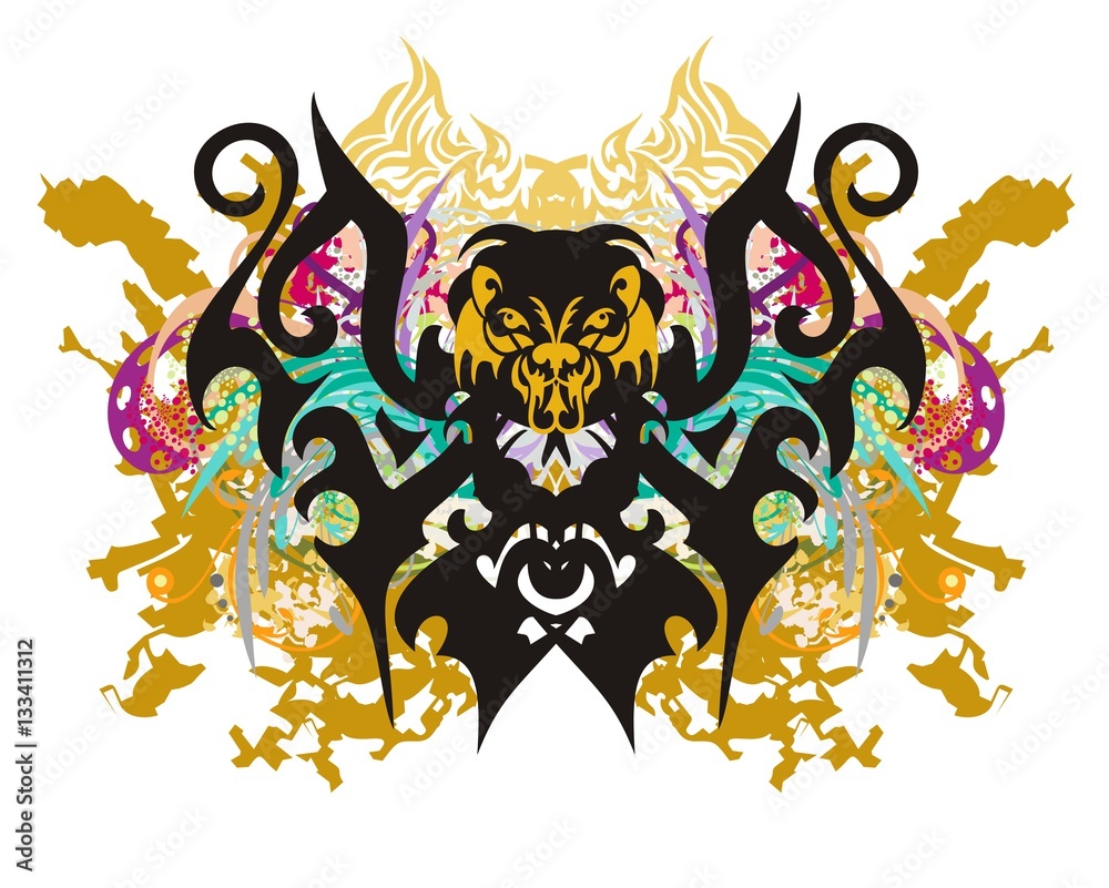 Scary butterfly splashes. Grunge terrible butterfly with gold splashes, floral elements, colorful drops and the lion's head