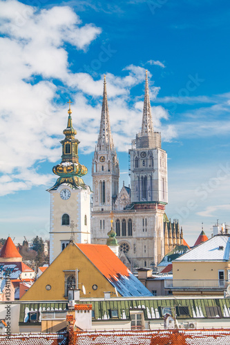  Panoramic view of cathedral in Zagreb, Croatia, from Upper town, winter, snow on roofs 