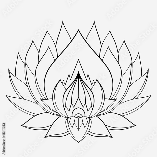 Painted in mehndi style lotus flower. Manual panache. There are elements of ornament and pattern. Indian henna painting. Vector.