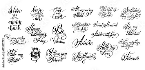 set of black and white hand written lettering about love to vale