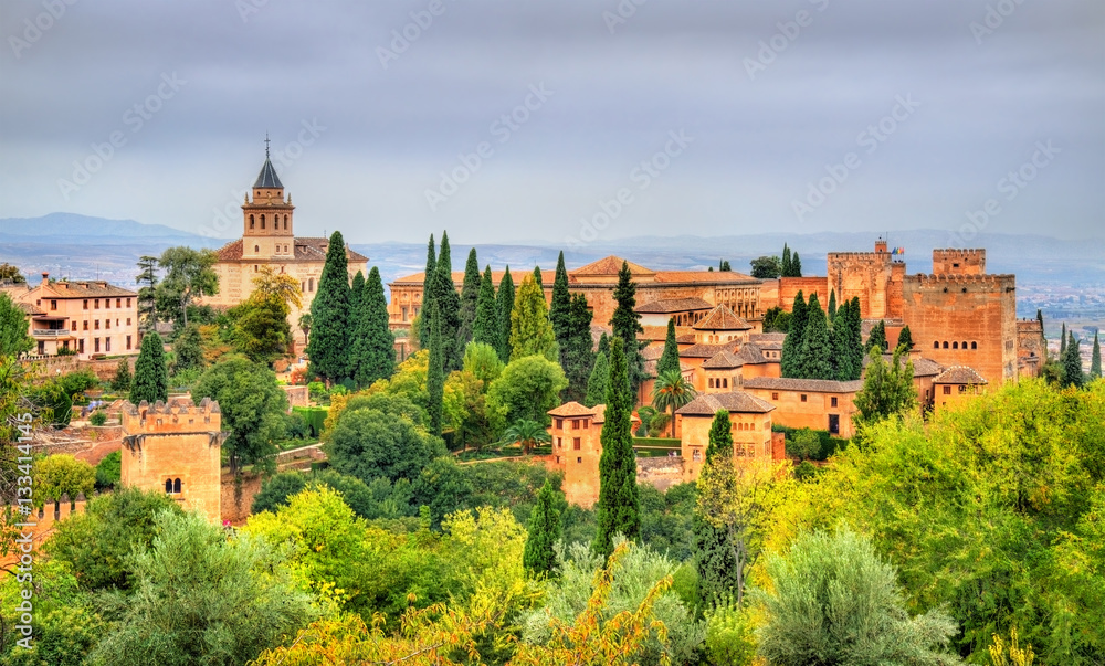 Panorama of the Alhambra, a palace and fortress complex in Granada, Spain
