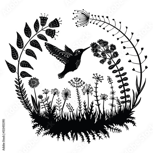 Vector illustration. Stylized hummingbird drinking nectar from the flower. Exotic bird flying in the field grass. Dekrativnye plants in a circle. Line art. Black and white drawing. Tattoo.