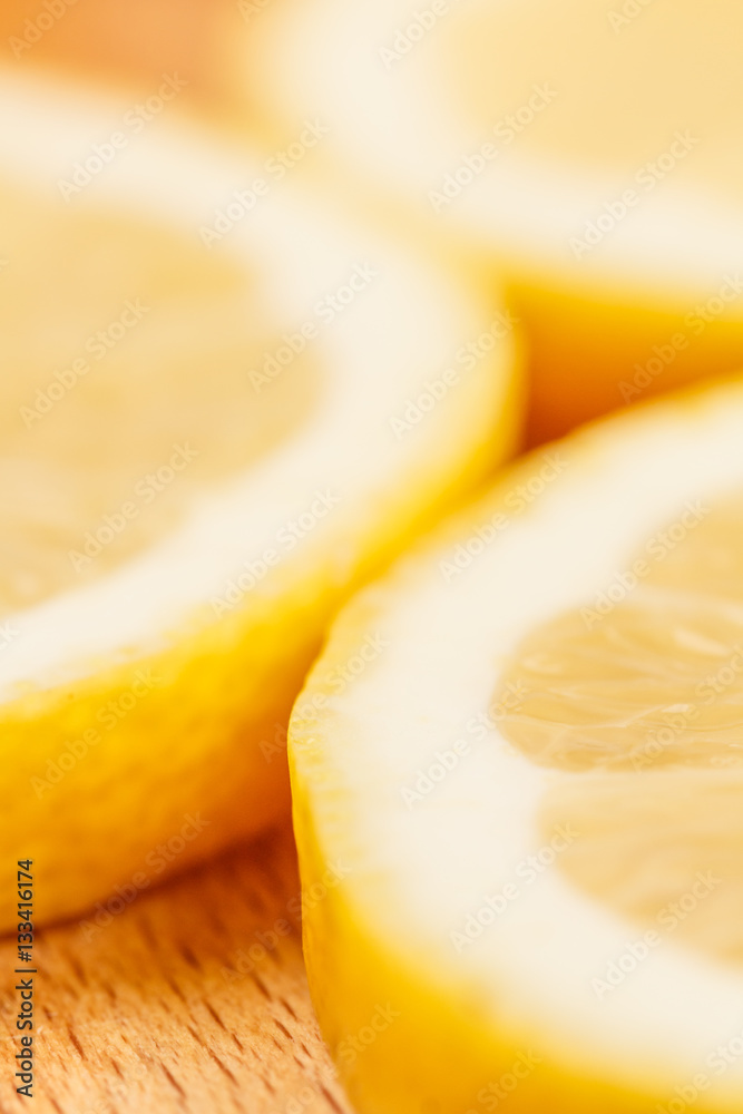 Closeup of lemon slices, low focus, blurry