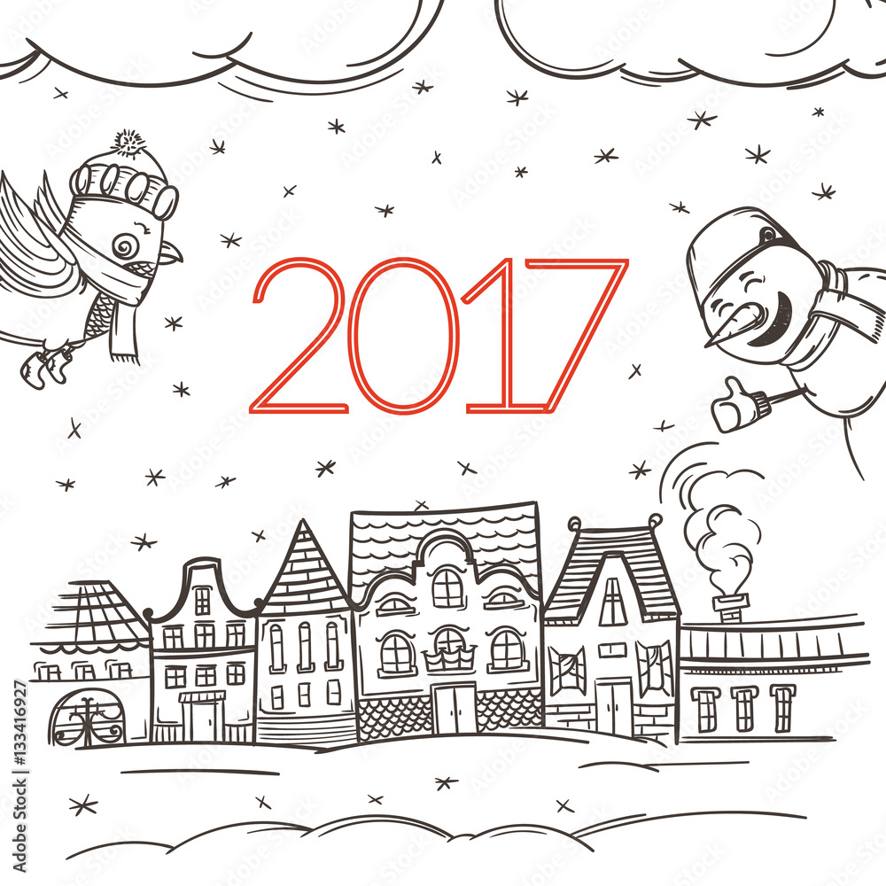 Happy new 2017 greeting card template with characters. New year Happy new 2017 greeting card template with characters. New year