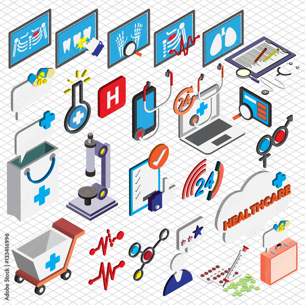 illustration of info graphic hospital icons set concept in isometric 3d graphic