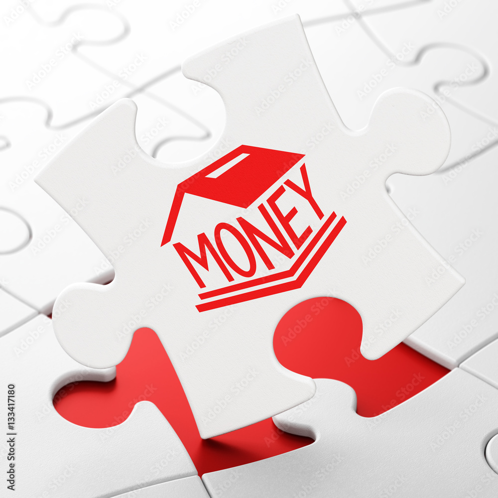 Banking concept: Money Box on puzzle background Banking concept: Money Box on puzzle background
