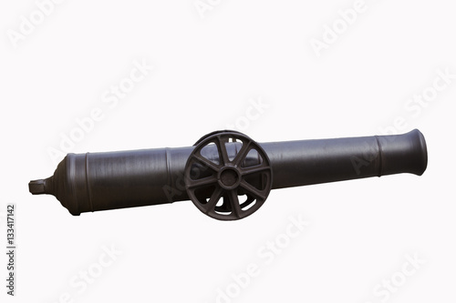 Ancient cannon on wheels, isolated on white.