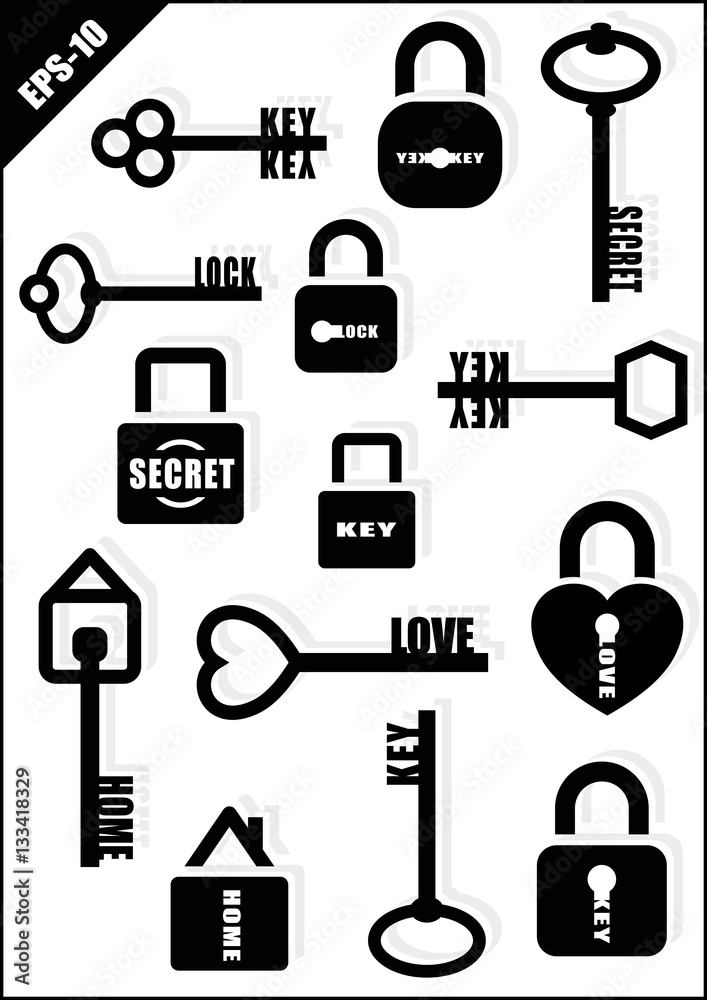 Key and Lock. Secret. Love. Home. Icon set. Vector illustration.