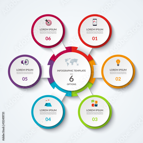Infographic diagram with 6 options. Vector template what can be used as circular chart, numbered banner, workflow layout, graph, report, presentation, web design.