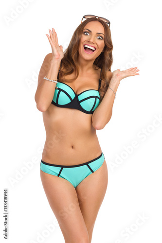 Happy Woman In Turquoise Swimwear Shouting