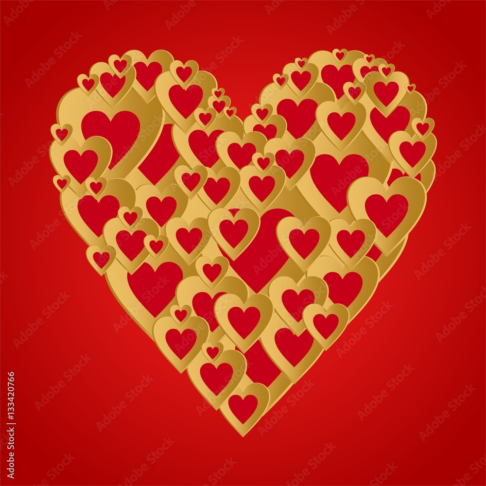 Valentines red background with dark gold heart with red hearts composition. Greeting for lovers and for Mother's Day 