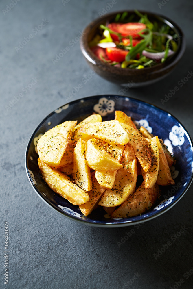 Home made french fries with salad
Home made french fries with salad