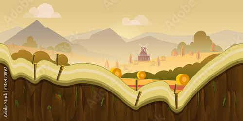 Farm game background 2d  application. Vector design. Tileable horizontally. Size 1024x512. Ready for parallax effect