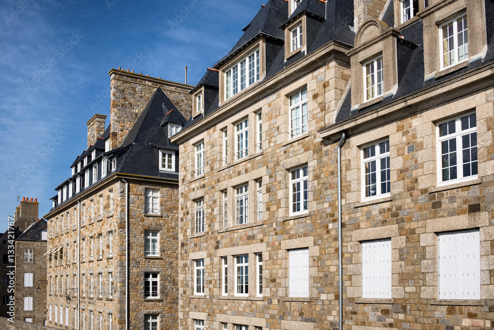 Facades of Privateer's ancient Houses, attractive buildings in Saint-Malo, France