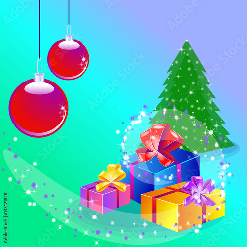 Christmas card with decorated tree and gift boxes.