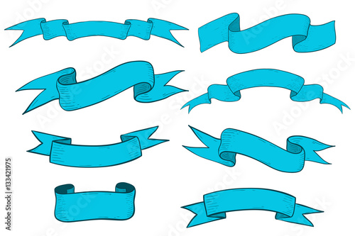 Collection of blue ribbon banners and scrolls. Hand drawn sketch