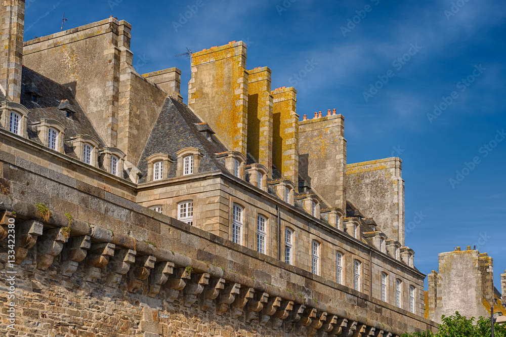 The wall and Privateer's ancient Houses, attractive buildings in Saint-Malo, France
