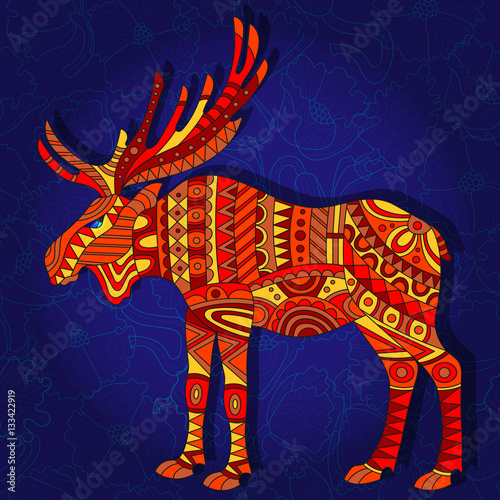 Illustration with abstract red moose on a dark blue floral background
