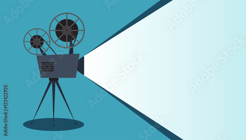 Retro cinema icon on blue background, vector illustration with copy space