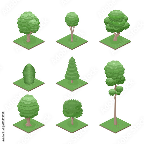 Isometric view summer trees. Green trees icon. City plants set. Game design. Vector illustration.