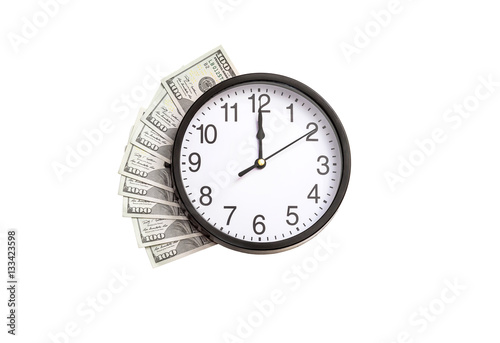 Money under the clock isolated on white. Time is money concept.