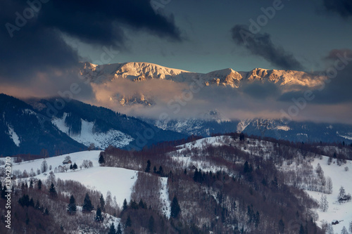 Beautiful winter sunset, in Bucegi mountains, Carpathians, Romania