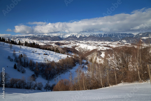 Winter mountains landscape in the transylvanian village