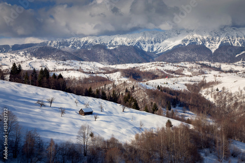 Winter mountains landscape in the transylvanian village