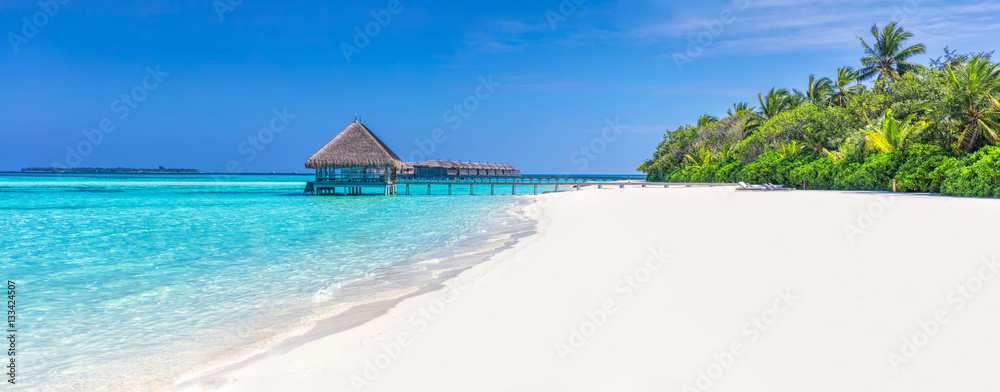 Fototapeta premium Panorama szeroka piaskowata plaża na tropikalnej wyspie w Maldives