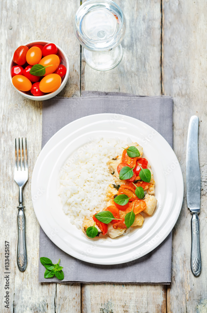 Tomato basil cod with rice Tomato basil cod with rice