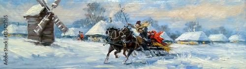 Winter and horses,oil paintings