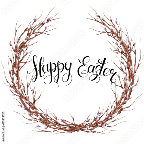 Vector watercolor hand drawn greeting banner with happy easter lettering and early spring branch with buds. 