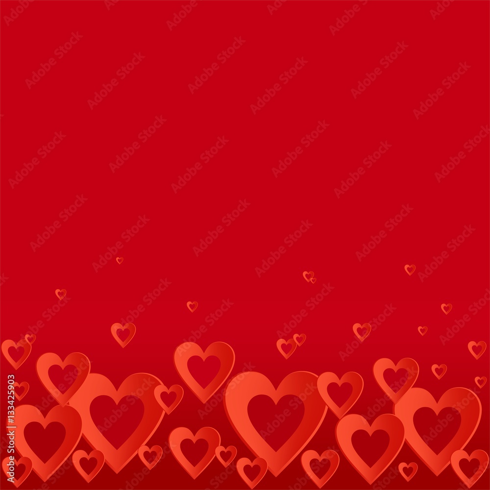 Valentines red background with bright red heart with the composition of red hearts in a row down. Greeting for lovers and for Mother's Day 