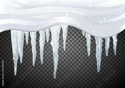 Isolated snow-cap and icicles. Translucent icicles in blue colors on transparent background. Vector illustration.