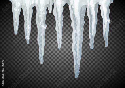 Translucent icicles in blue colors on transparent background. Vector illustration.