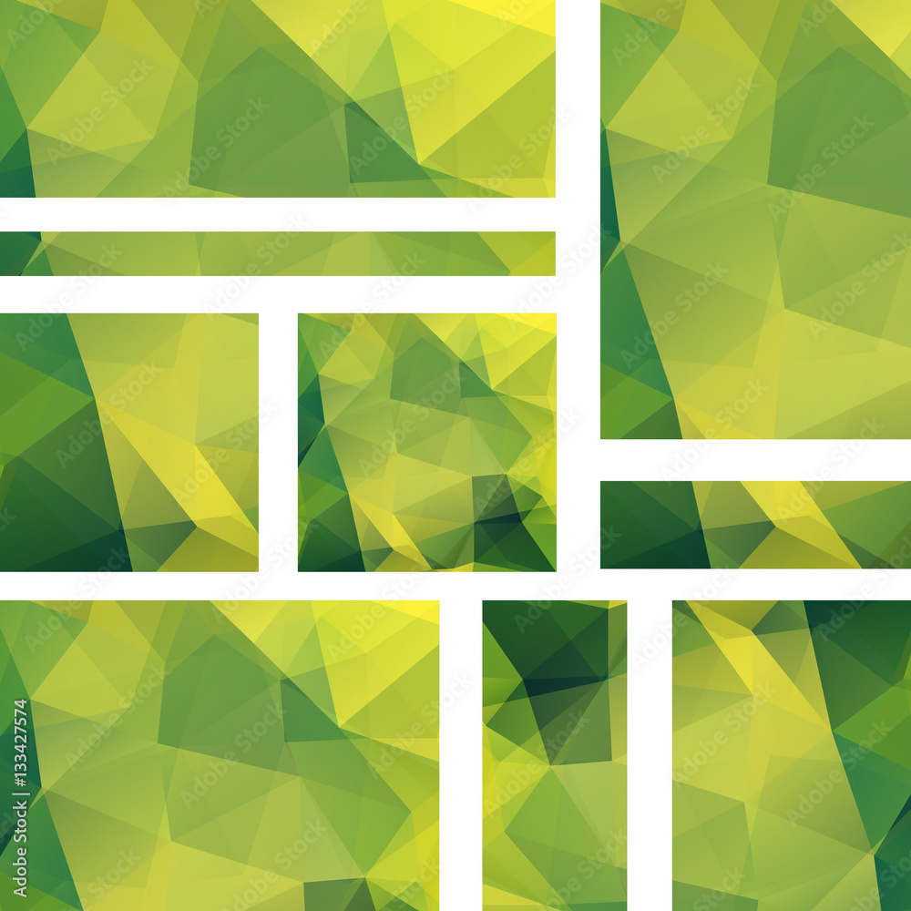 Vector banners set with polygonal abstract triangles. Abstract polygonal low poly banners. Yellow, green colors.