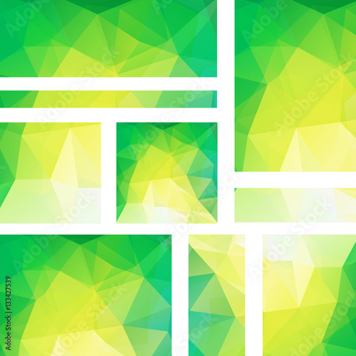 Vector banners set with polygonal abstract triangles. Abstract polygonal low poly banners. Yellow, green colors.