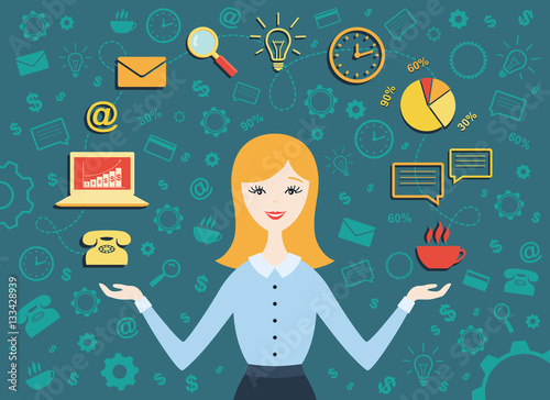 Flat design vector illustration of young business woman, personal assistant or hard working secretary