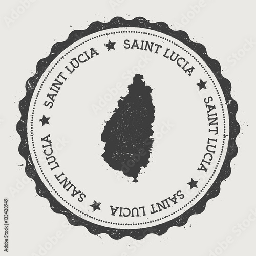 Hipster round rubber stamp featuring a vintage map of Saint Lucia, adorned with circular text and stars, ideal for travel enthusiasts.