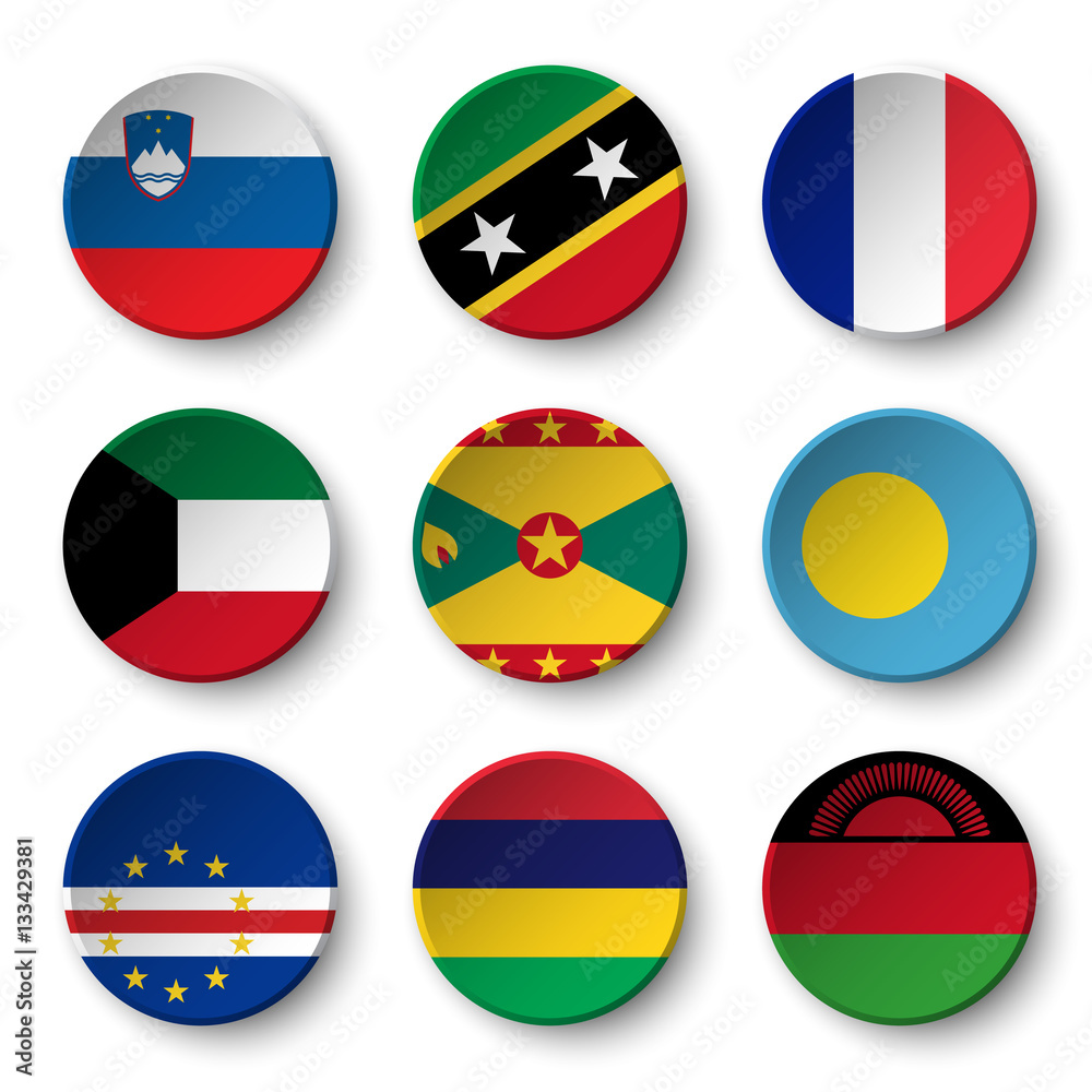 Set of world flags round badges ( Slovenia . Saint Kitts and Nevis . France . Kuwait . Grenada . Palau . Cape Verde . Mauritius . Malawi ) Set of world flags round badges ( Slovenia . Saint Kitts and Nevis . France . Kuwait . Grenada . Palau . Cape Verde . Mauritius . Malawi )