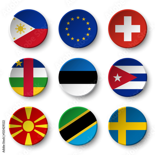 Set of world flags round badges ( Philippines . European union (EU) . Switzerland . Central African Republic . Estonia . cuba . Macedonia . Tanzania . Sweden )