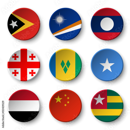 Set of world flags round badges ( East Timor . Marshall Islands . Laos . Georgia . Saint Vincent and the Grenadines . Somalia . Yemen . China . Togo ) Free Download Set of world flags round badges ( East Timor . Marshall Islands . Laos . Georgia . Saint Vincent and the Grenadines . Somalia . Yemen . China . Togo ) - GFXLoad