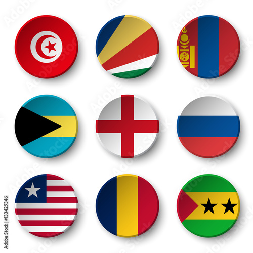Set of world flags round badges ( Tunisia . Seychelles . Mongolia . Bahamas . England . Russia . Liberia . Chad . Sao Tome and Principe )