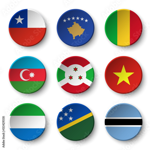 Set of world flags round badges ( Chile . Kosovo . Mali . Azerbaijan . Burundi . Vietnam . Sierra Leone . Solomon Islands . Botswana )