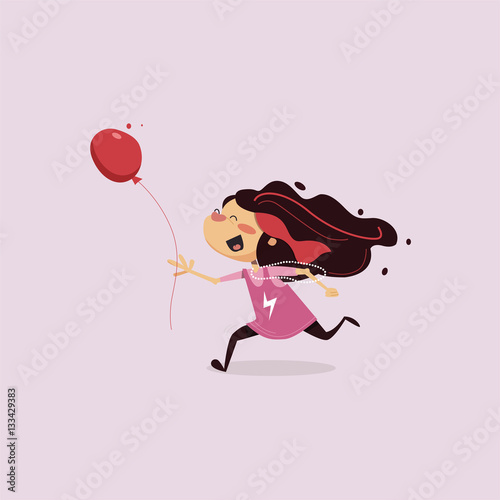 children s vector illustration. Little girl running, holding a balloon in the hands and terribly happy