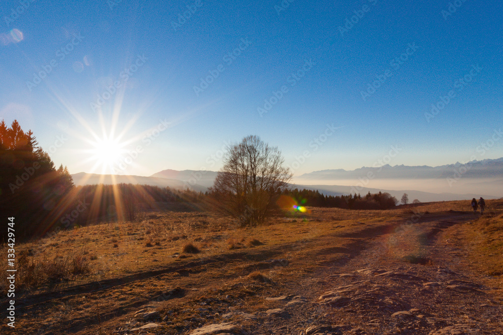 Cansiglio, Veneto, Italy; 2016 - 12 30: two young girls walking throughout the sunset Cansiglio, Veneto, Italy; 2016 - 12 30: two young girls walking throughout the sunset