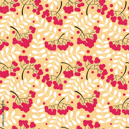 Autumn rowanberry leaves and berries seamless pattern